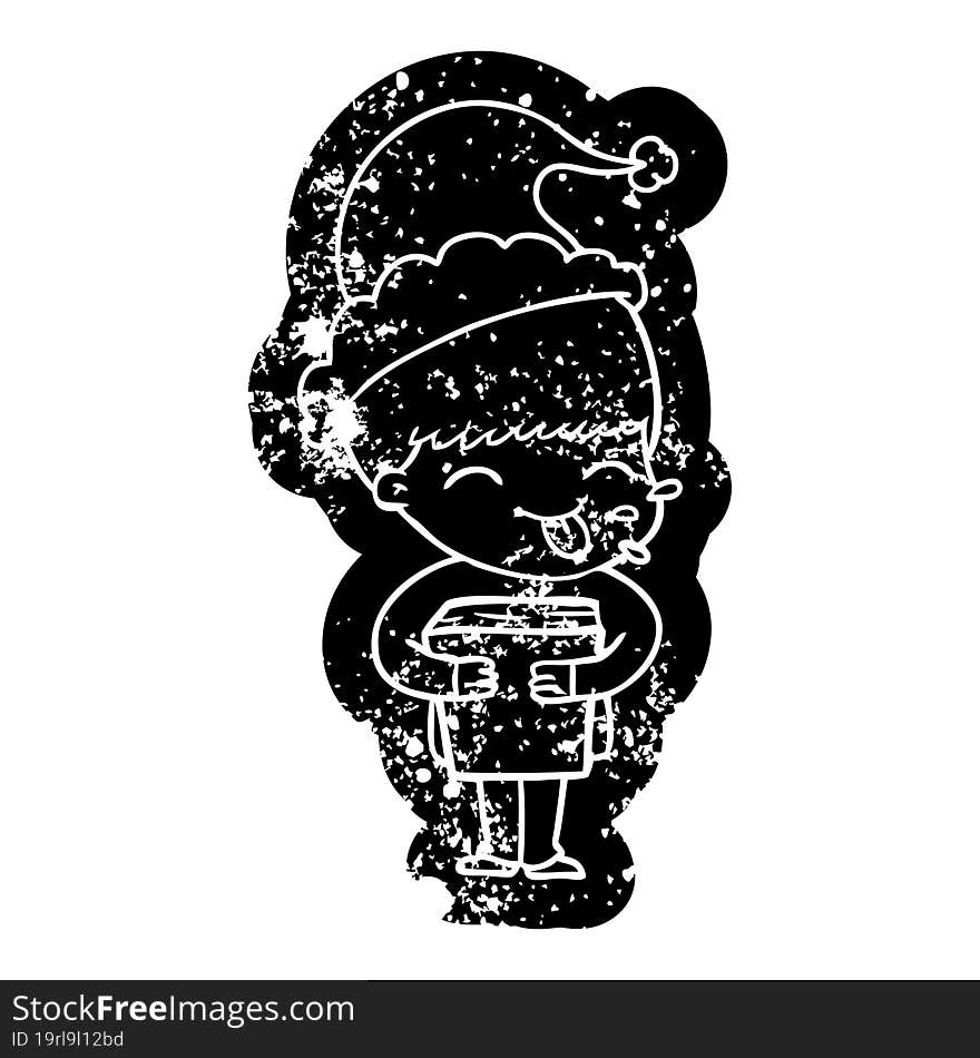 cartoon distressed icon of a boy wearing santa hat