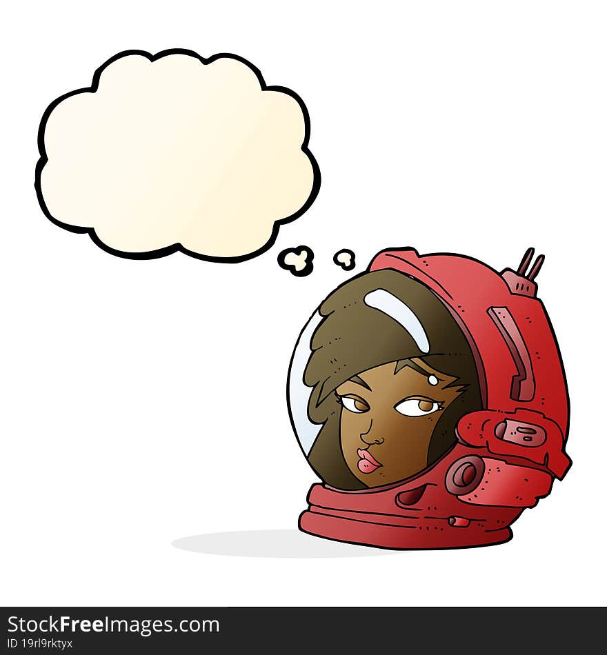 cartoon female astronaut with thought bubble