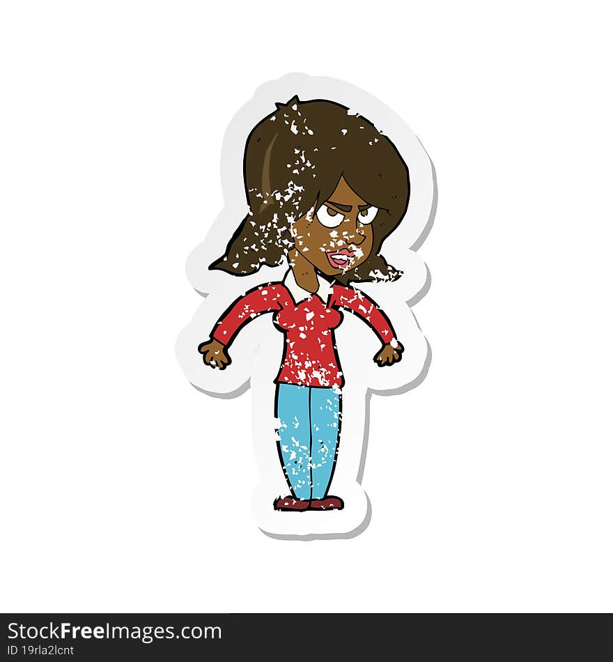 Retro Distressed Sticker Of A Cartoon Mean Woman