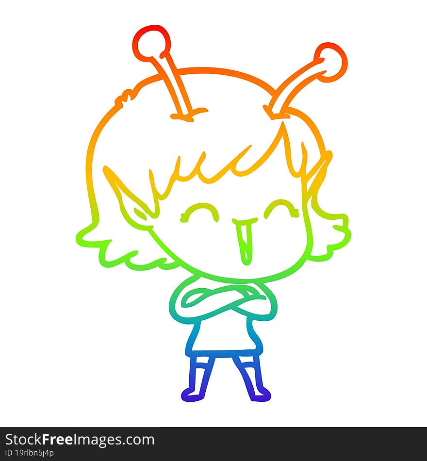 rainbow gradient line drawing cartoon happy alien girl