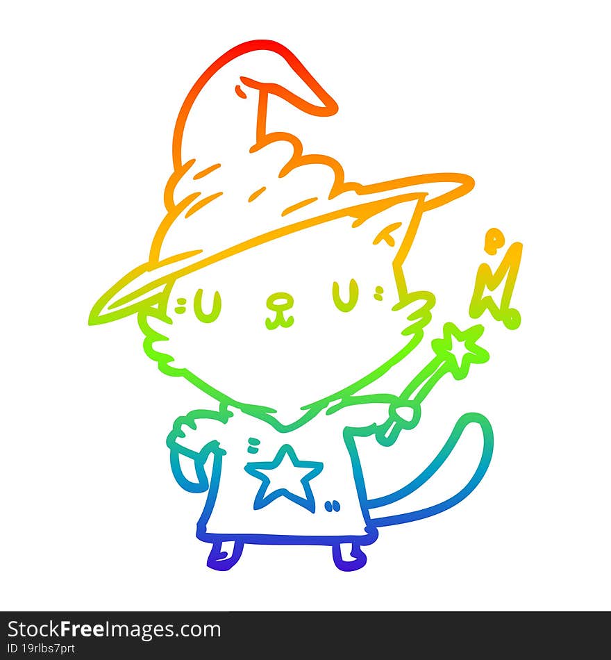 rainbow gradient line drawing of a magical amazing cat wizard