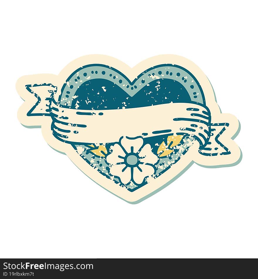 iconic distressed sticker tattoo style image of a heart and banner with flowers. iconic distressed sticker tattoo style image of a heart and banner with flowers