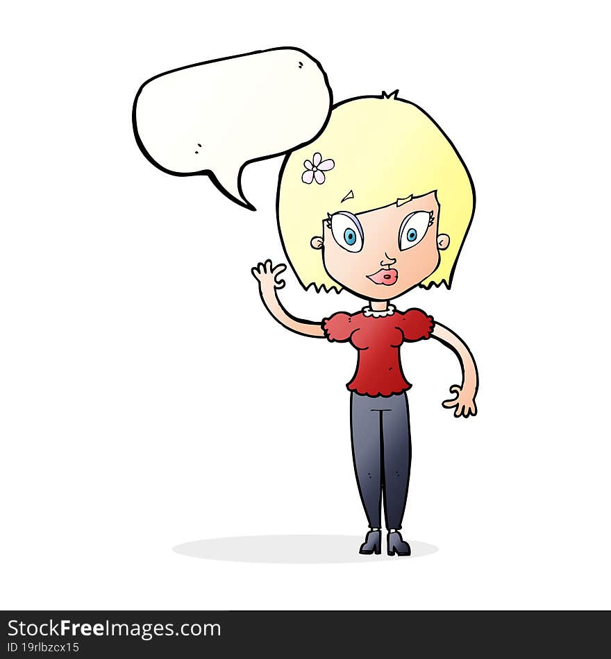 Cartoon Pretty Woman Waving With Speech Bubble