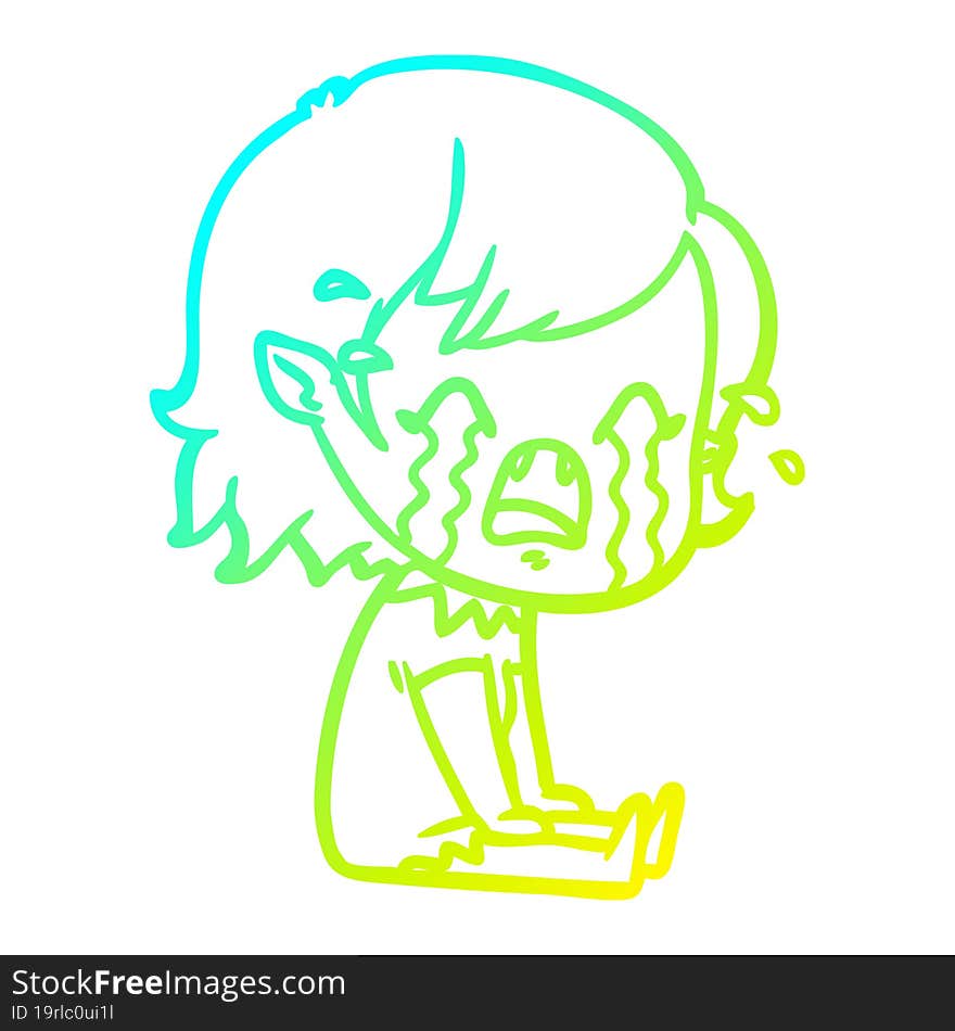 cold gradient line drawing cartoon crying vampire girl