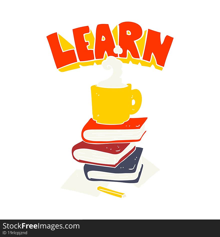 flat color illustration of a cartoon books and coffee cup under Learn symbol