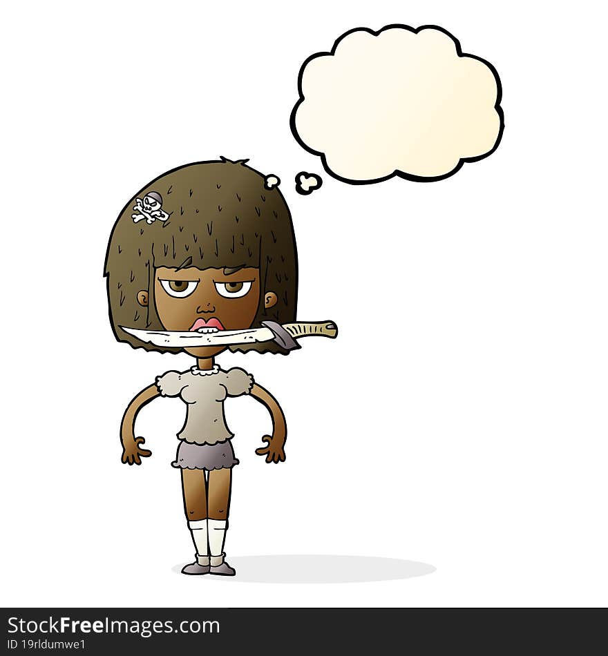 cartoon woman with knife between teeth with thought bubble