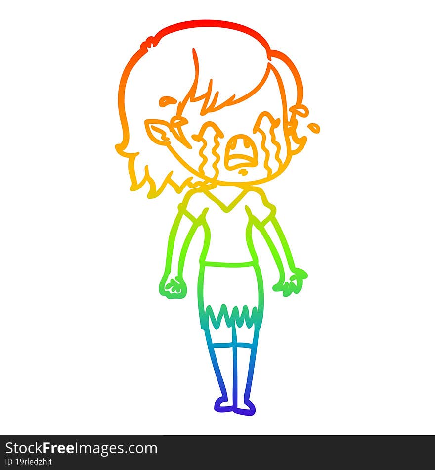 rainbow gradient line drawing cartoon crying vampire girl