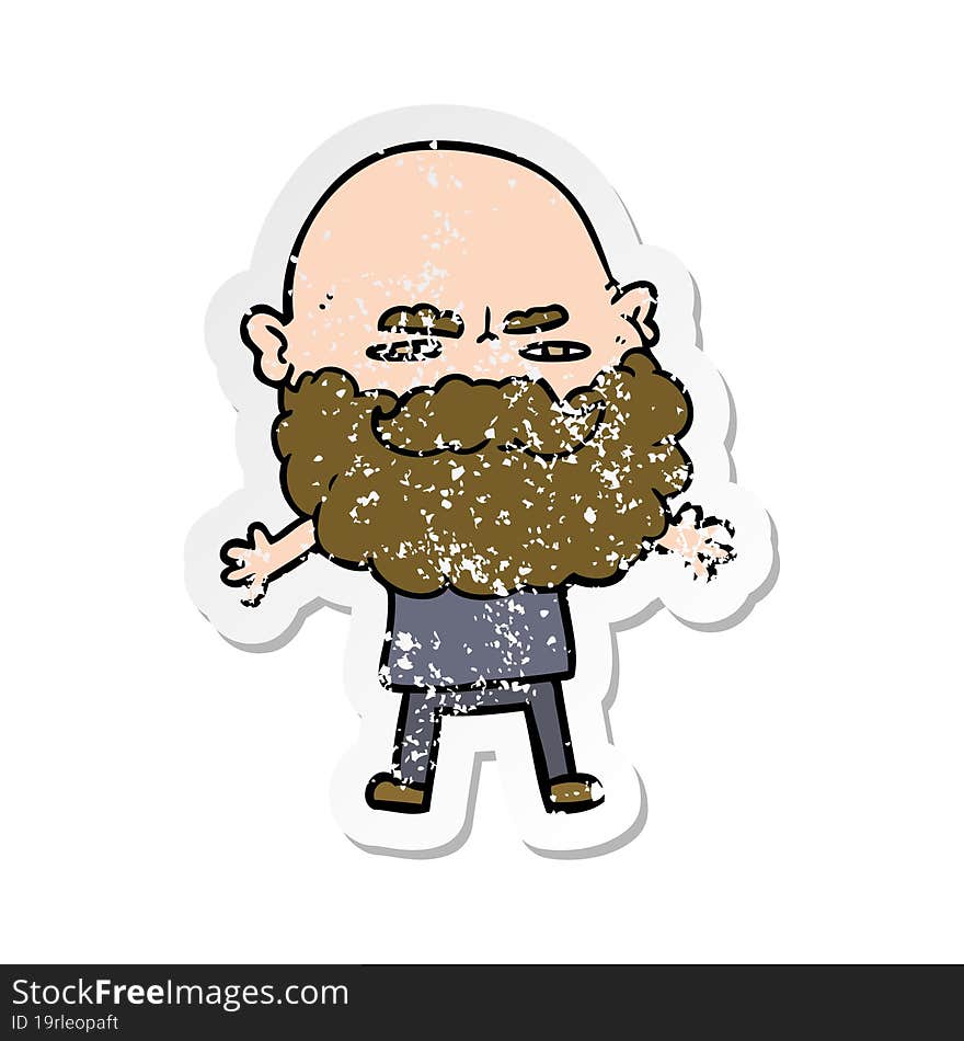 distressed sticker of a cartoon man with beard frowning