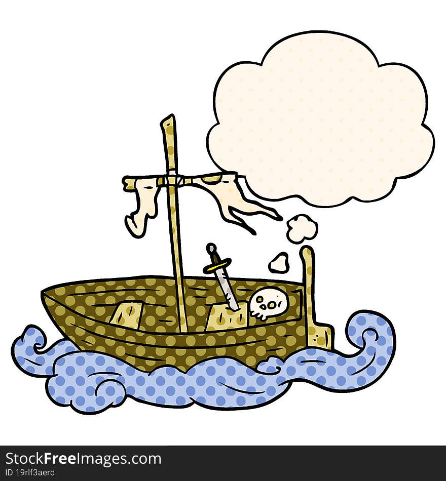 cartoon old boat with thought bubble in comic book style