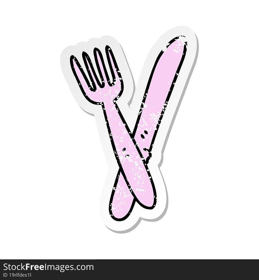 distressed sticker of a quirky hand drawn cartoon cutlery