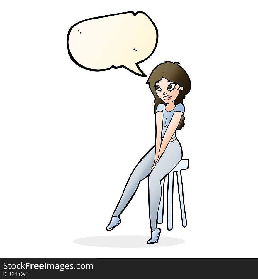 cartoon pretty girl on stool with speech bubble