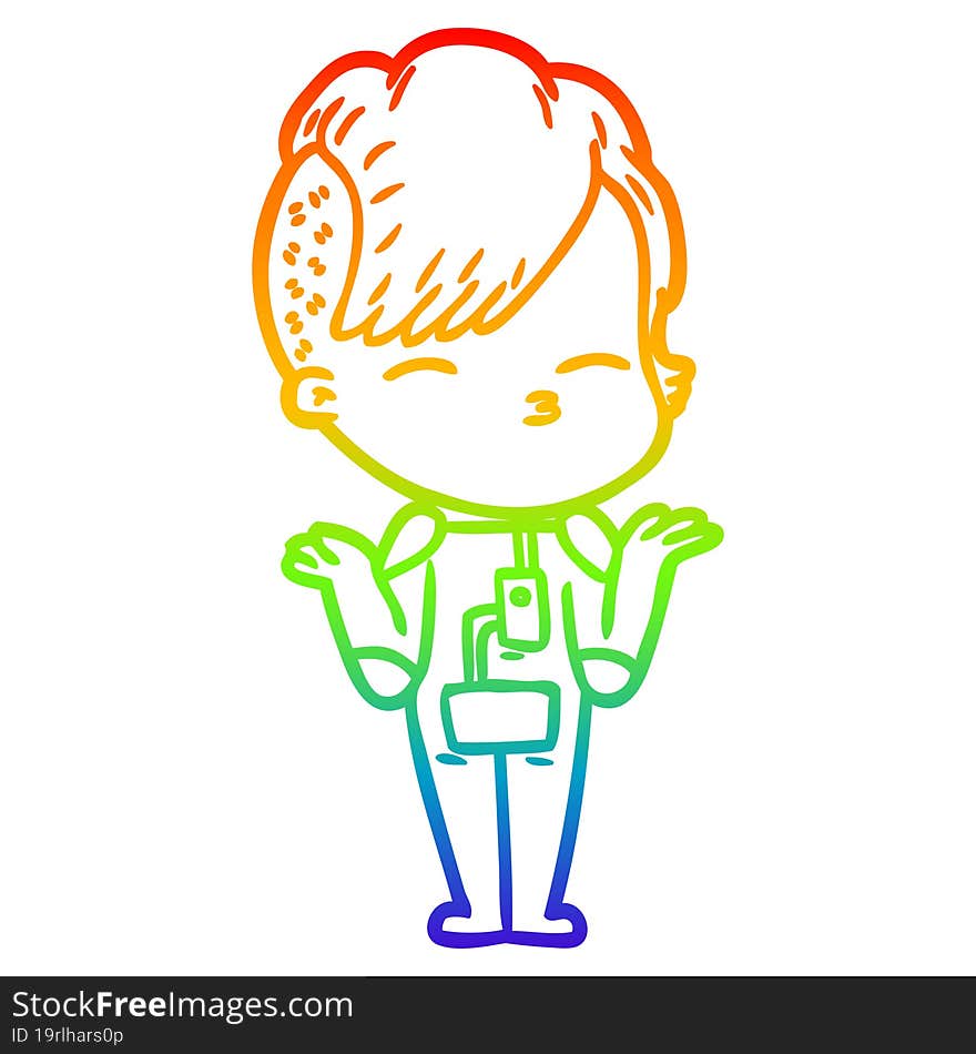 rainbow gradient line drawing cartoon girl wearing futuristic clothes