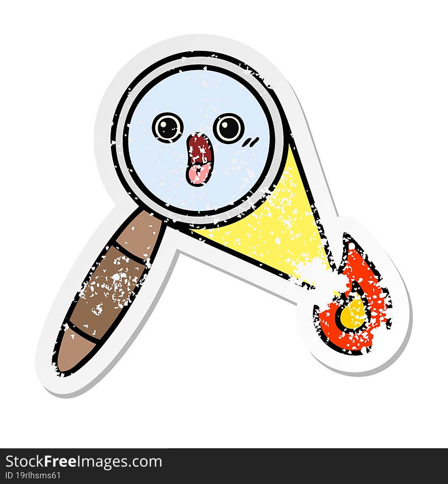 distressed sticker of a cute cartoon magnifying glass