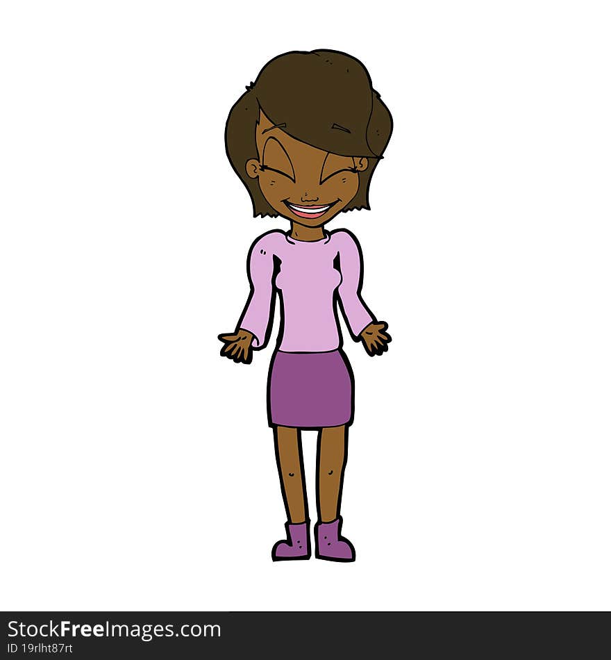 Cartoon Happy Woman Shrugging Shoulders