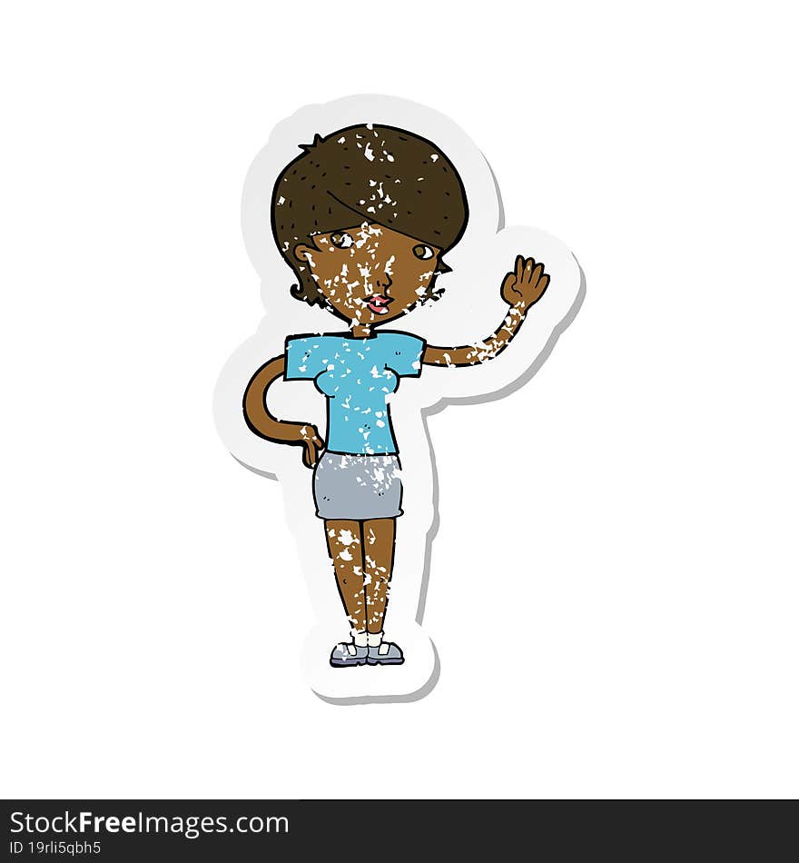 Retro Distressed Sticker Of A Cartoon Woman Waving