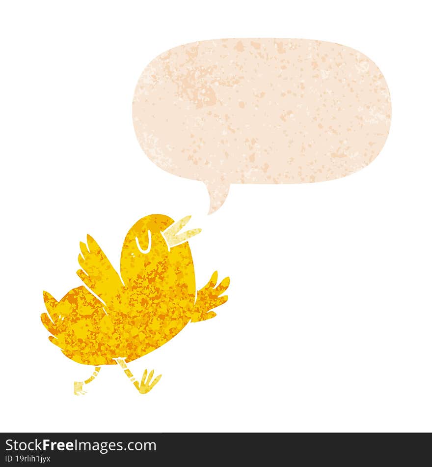 cartoon happy bird and speech bubble in retro textured style