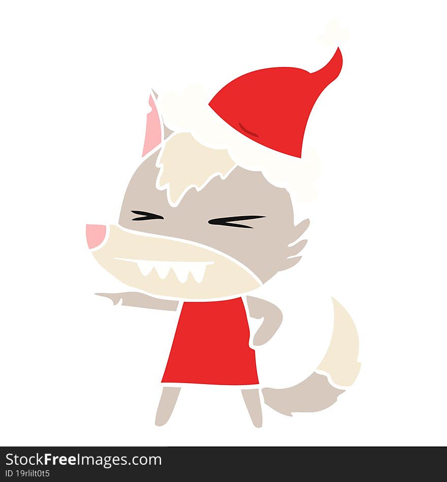 Angry Wolf Flat Color Illustration Of A Wearing Santa Hat