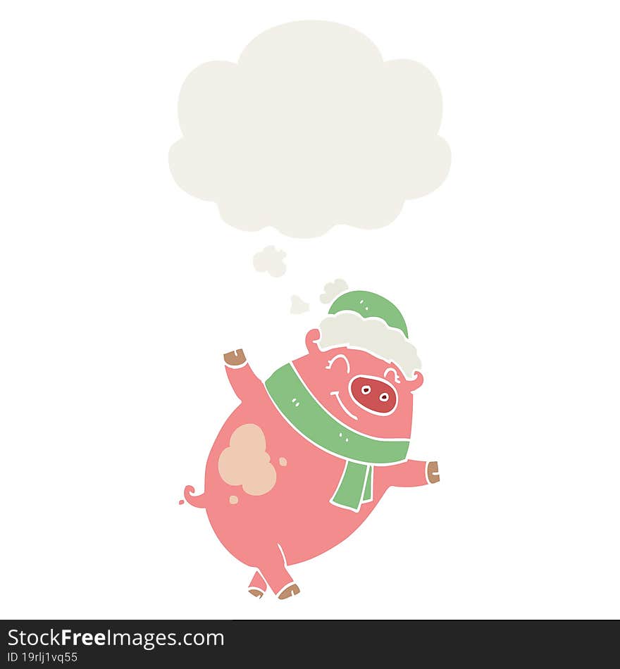 cartoon pig wearing christmas hat and thought bubble in retro style