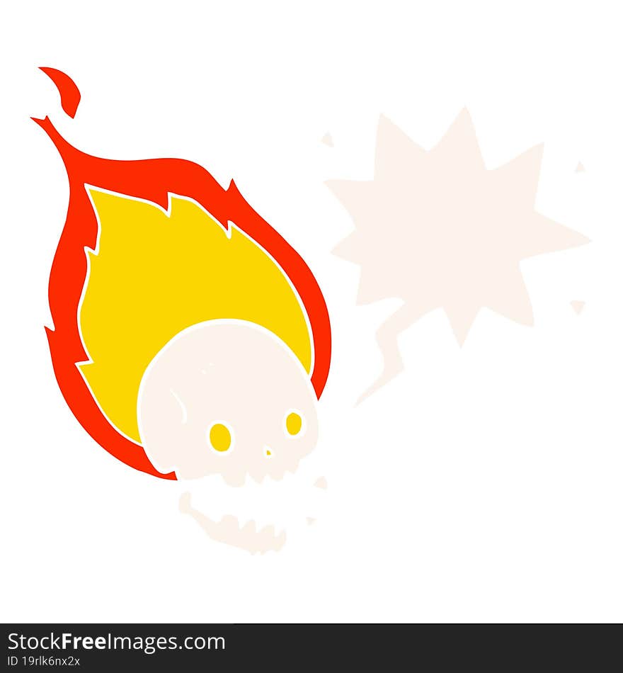 spooky cartoon flaming skull and speech bubble in retro style