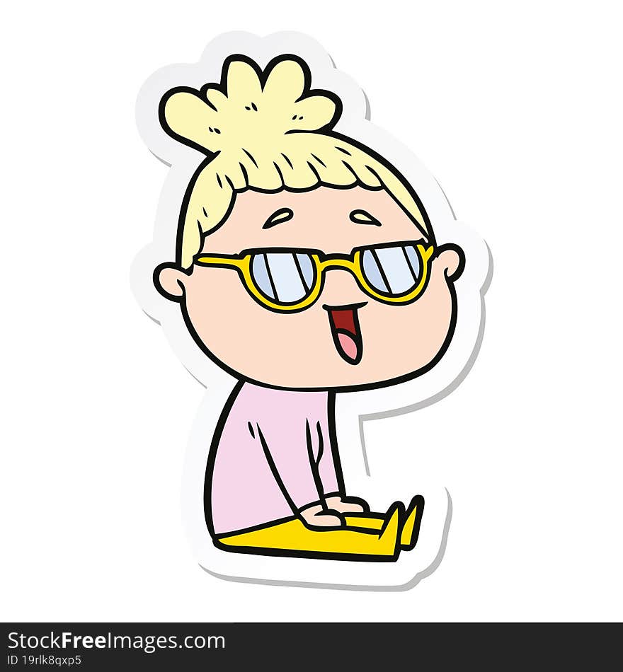 sticker of a cartoon happy woman wearing spectacles