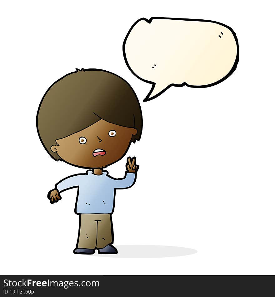 cartoon unhappy boy giving peace sign with speech bubble