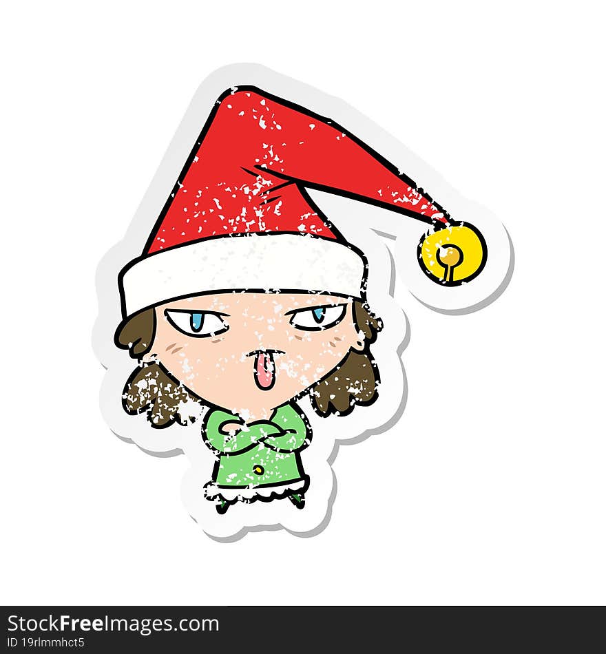 distressed sticker of a cartoon girl wearing christmas hat