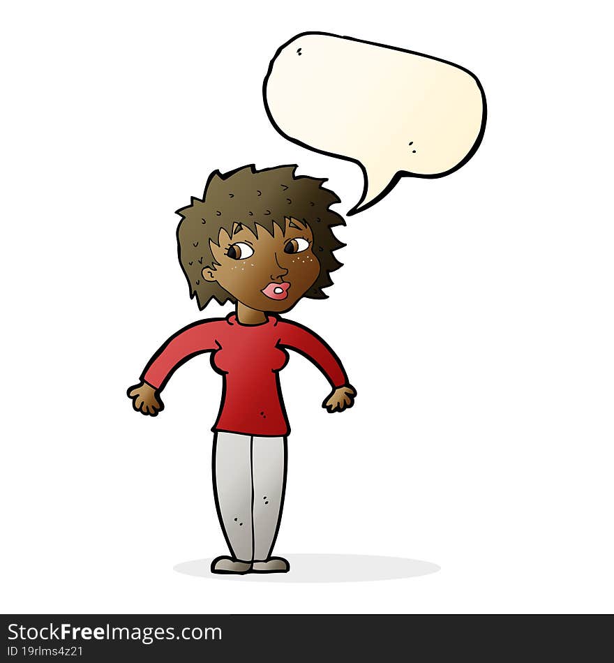 cartoon woman shrugging shoulders with speech bubble