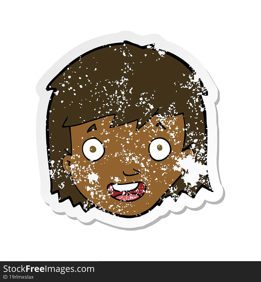 retro distressed sticker of a cartoon happy female face