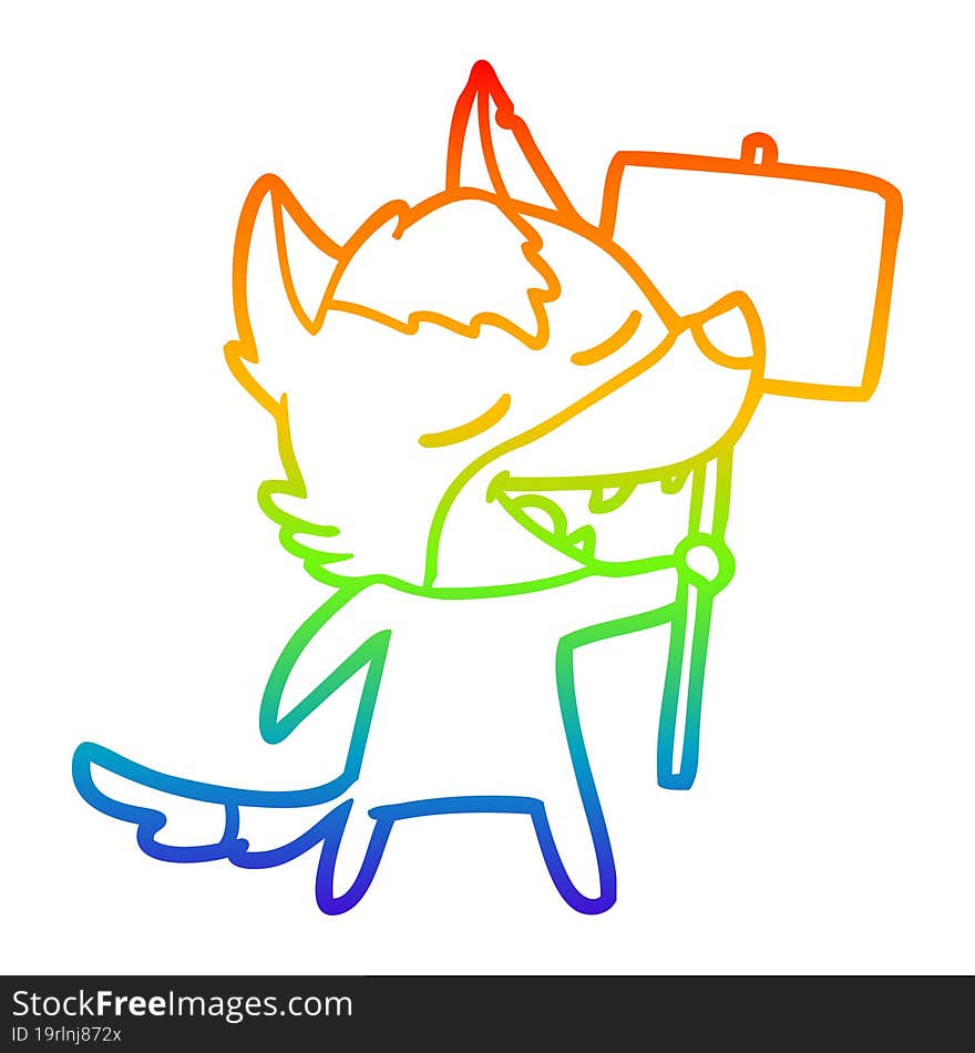 rainbow gradient line drawing of a cartoon wolf laughing