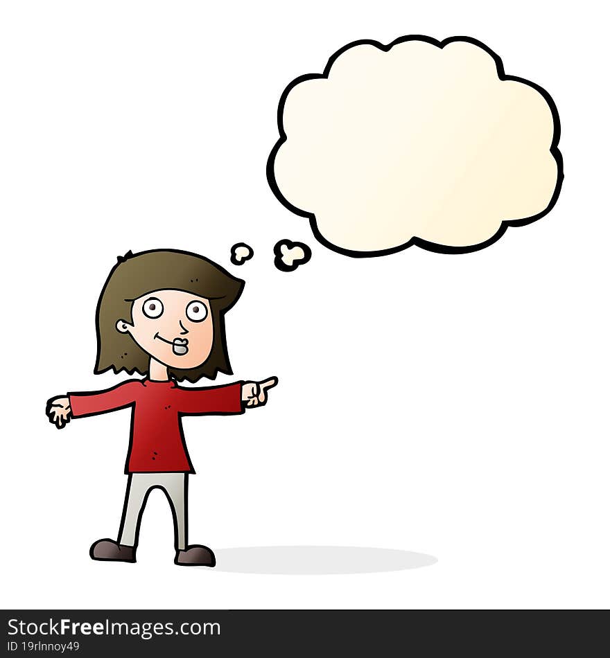 Cartoon Happy Woman Pointing With Thought Bubble