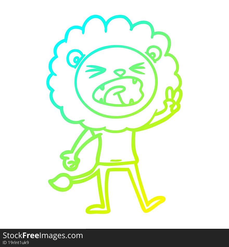 cold gradient line drawing of a cartoon lion giving peac sign