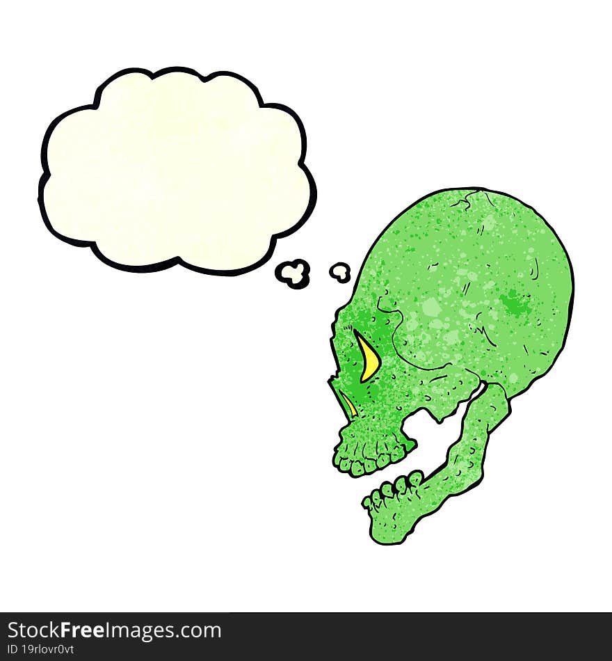 spooky skull illustration with thought bubble