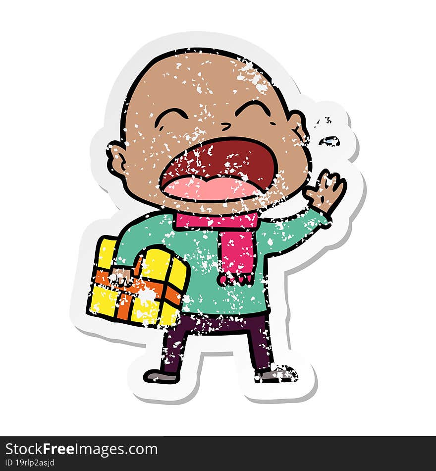 distressed sticker of a cartoon shouting bald man with present