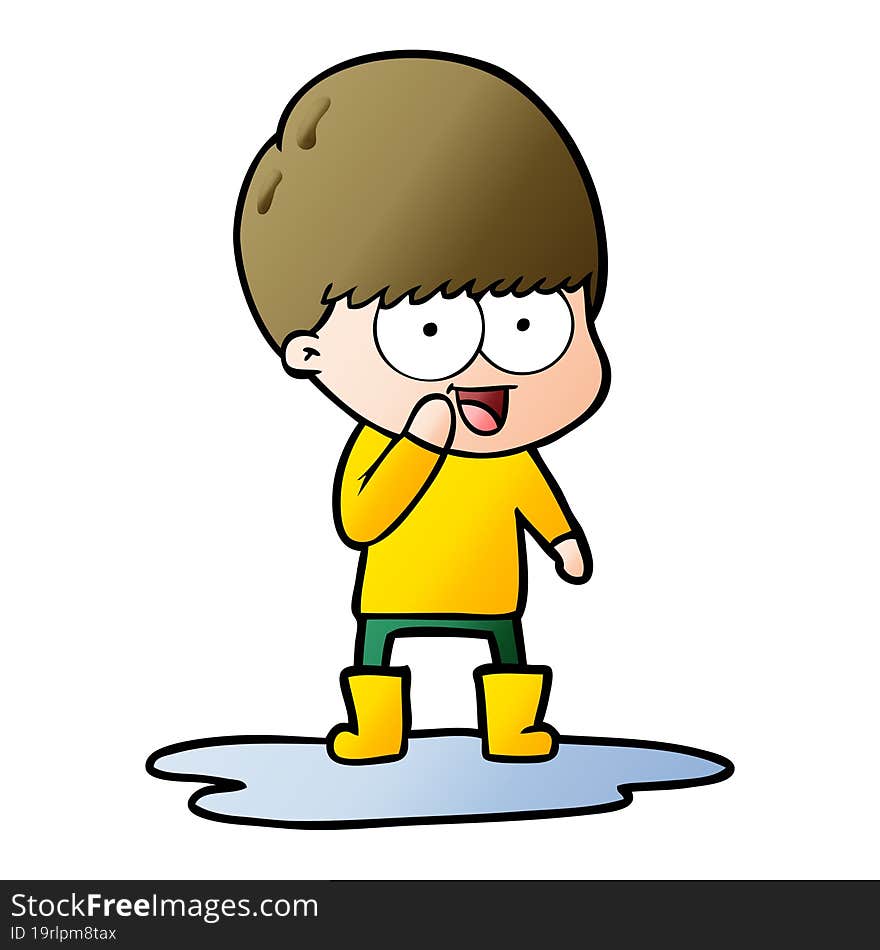 happy cartoon boy splashing in puddle. happy cartoon boy splashing in puddle