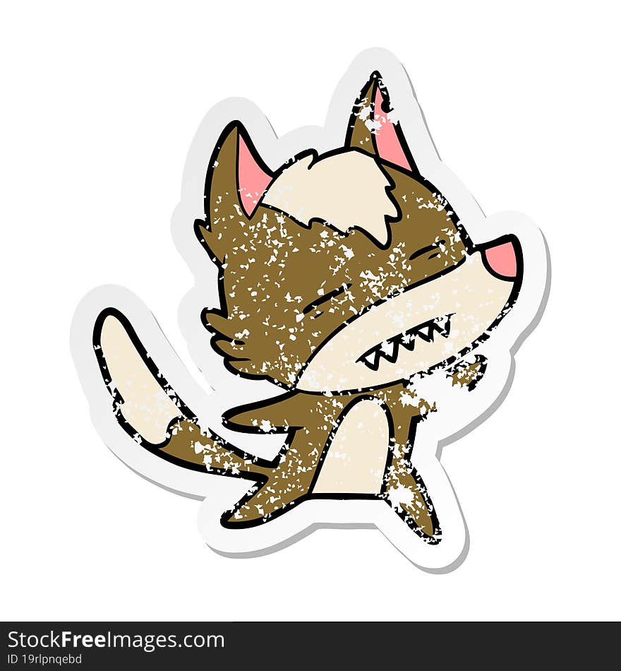 distressed sticker of a cartoon wolf showing teeth whilst dancing