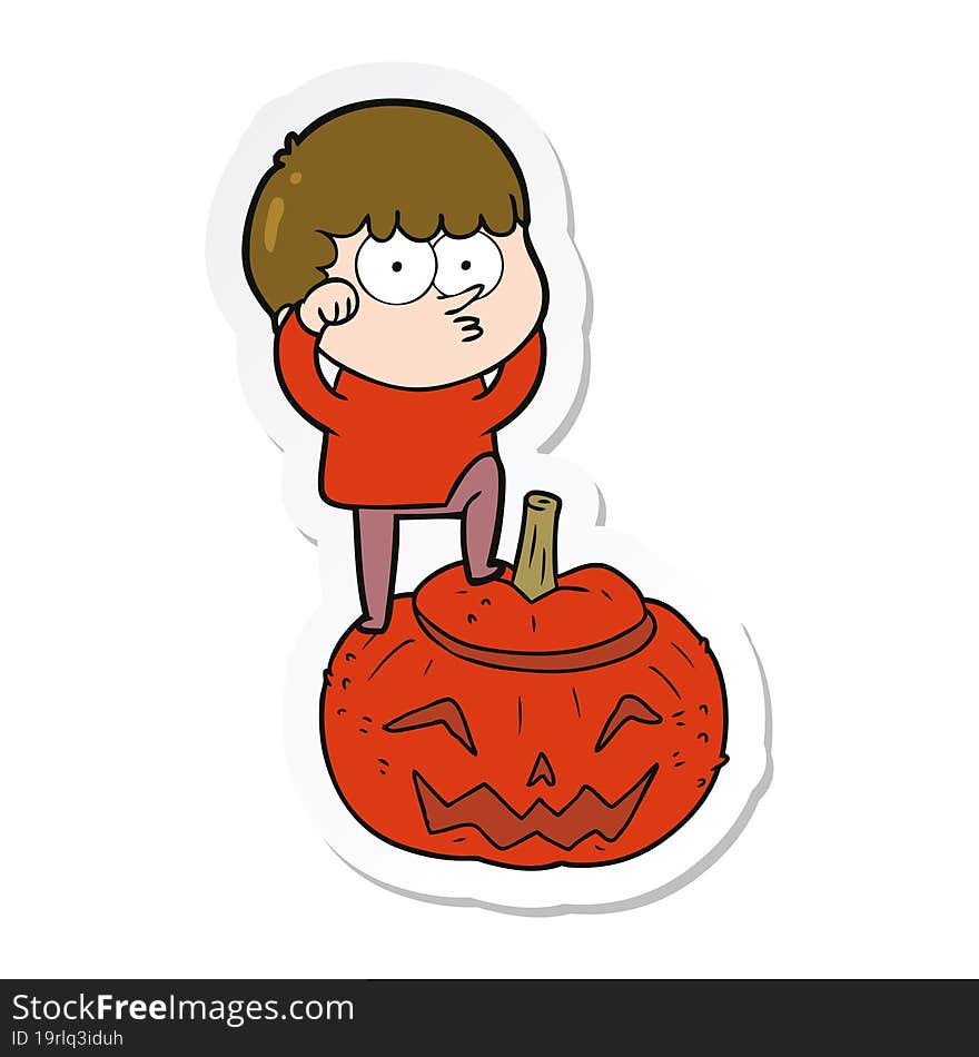 sticker of a cartoon boy on huge pumpkin