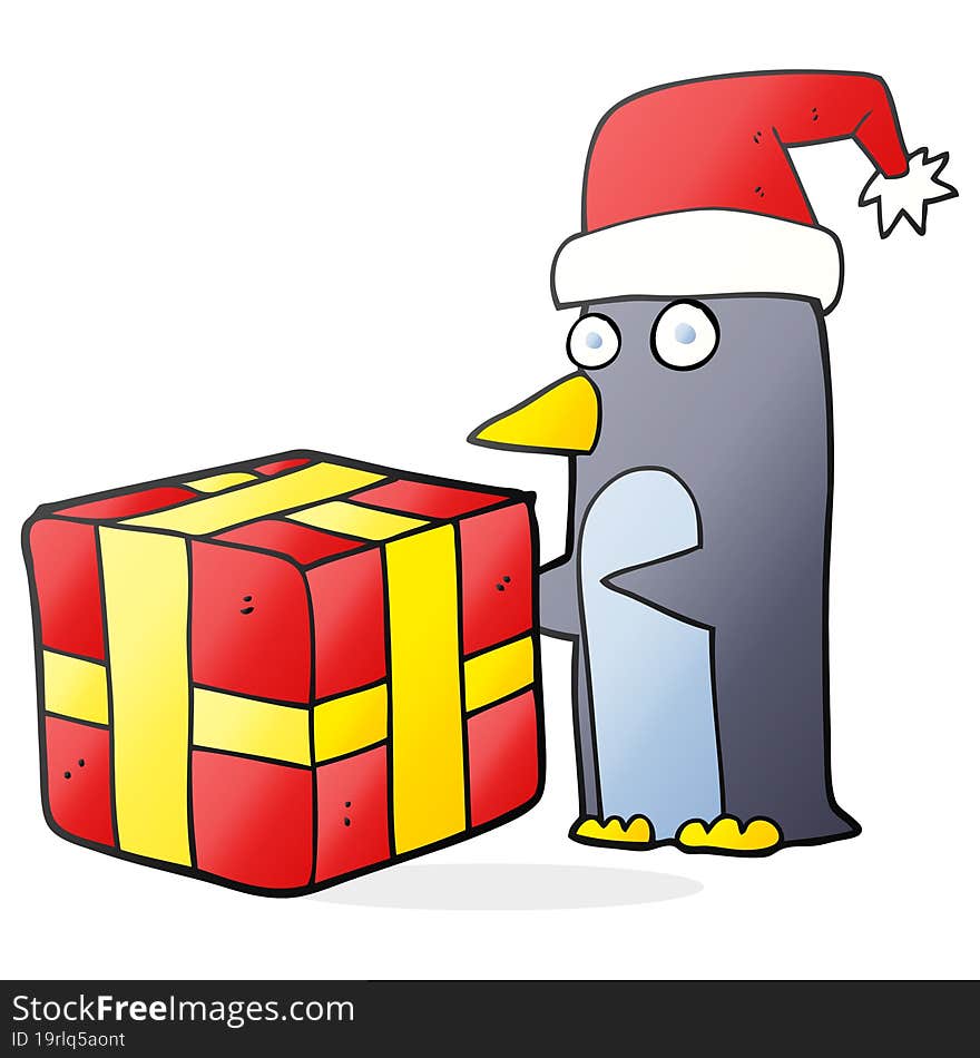 freehand drawn cartoon christmas penguin with present