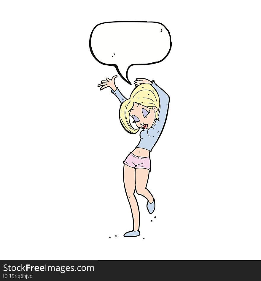 cartoon pretty woman dancing with speech bubble