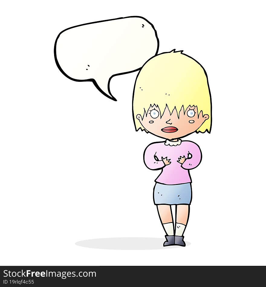 cartoon woman making Who Me gesture with speech bubble