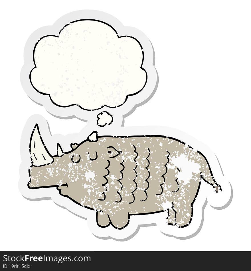 cartoon rhinoceros and thought bubble as a distressed worn sticker