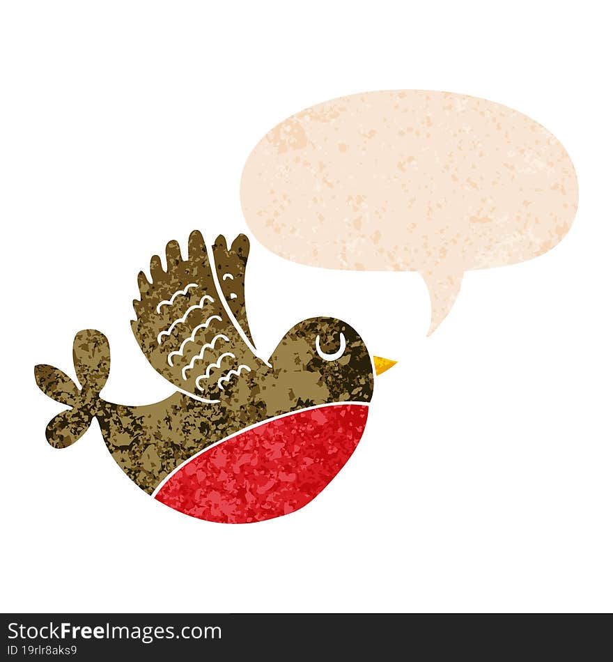 cartoon flying bird and speech bubble in retro textured style