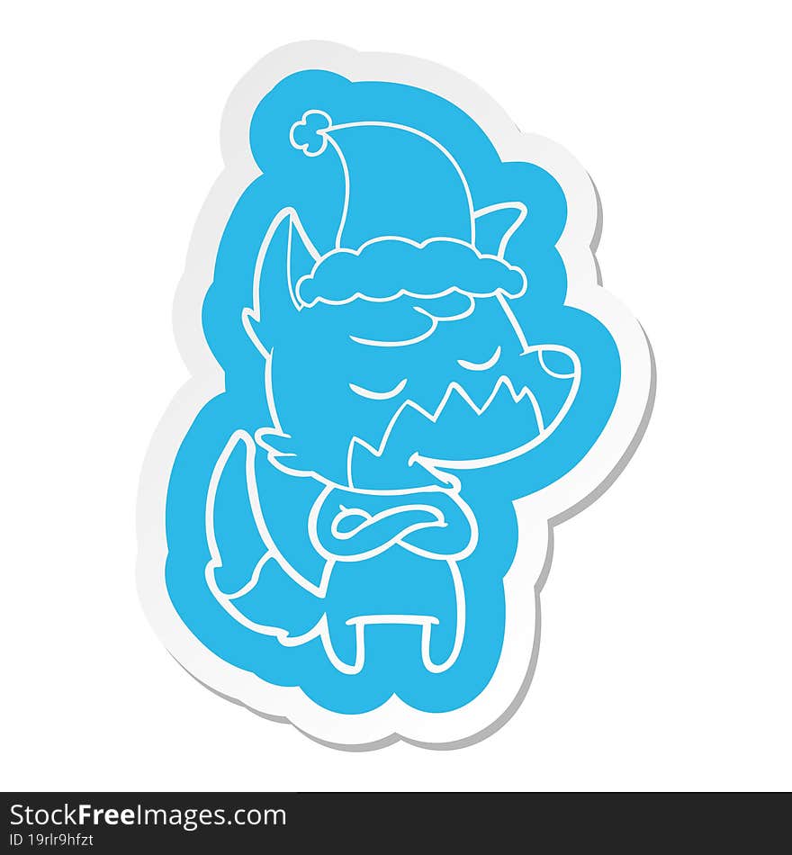 friendly cartoon  sticker of a fox wearing santa hat