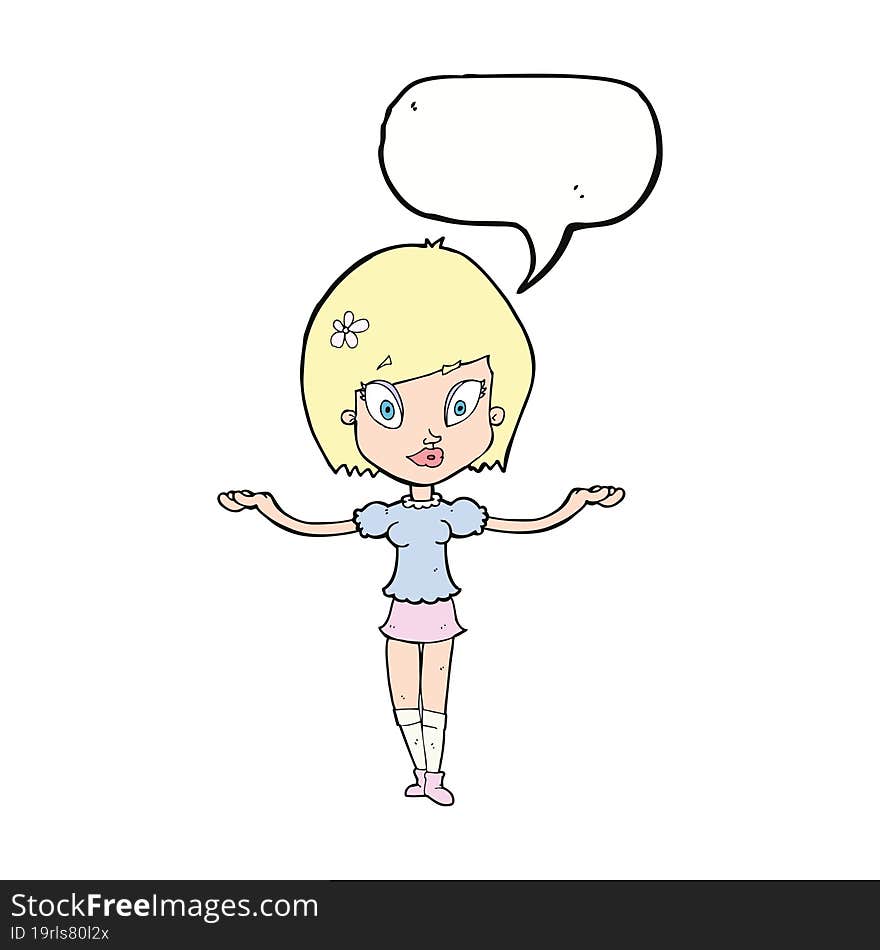 cartoon woman making balancing gesture with speech bubble