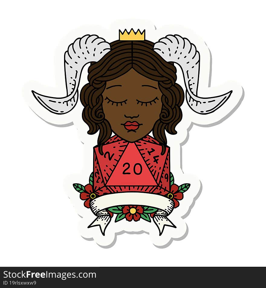 sticker of a tiefling with natural twenty dice roll. sticker of a tiefling with natural twenty dice roll