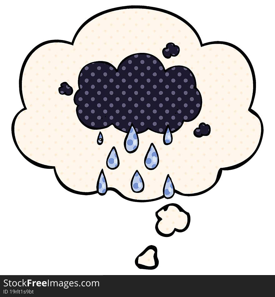 cartoon cloud raining and thought bubble in comic book style