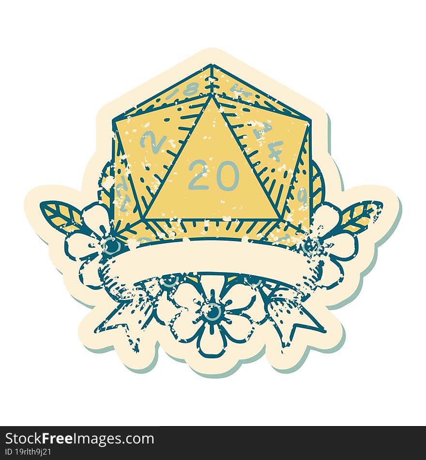 Retro Tattoo Style natural 20 critical hit D20 dice roll. Retro Tattoo Style natural 20 critical hit D20 dice roll