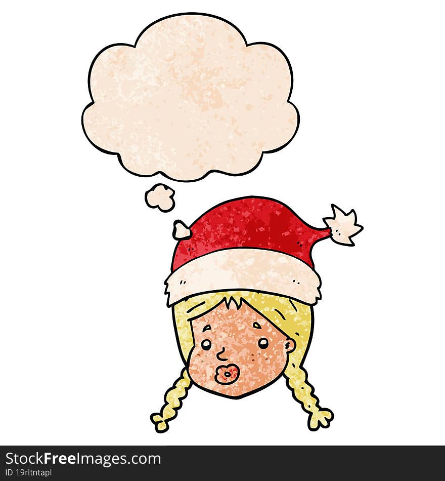 cartoon girl wearing christmas hat and thought bubble in grunge texture pattern style