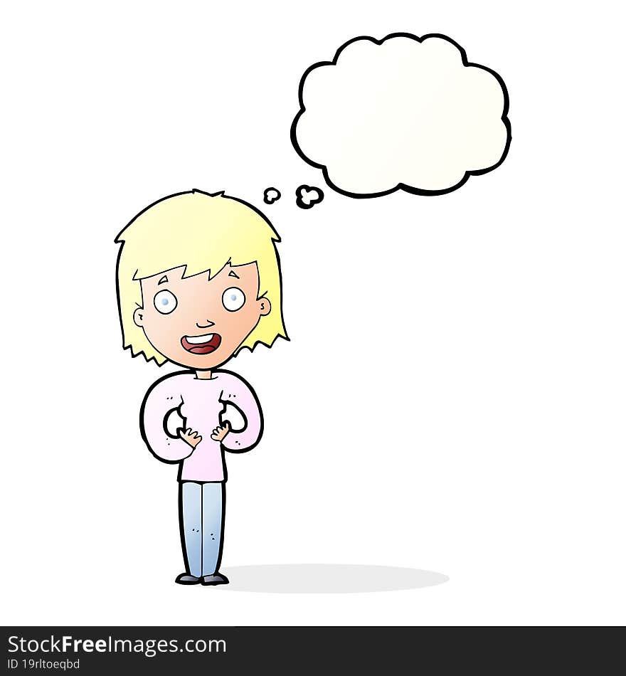 cartoon happy woman with thought bubble