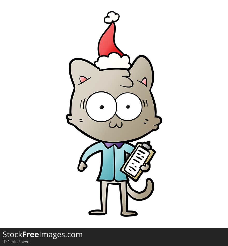 gradient cartoon of a surprised office worker cat wearing santa hat