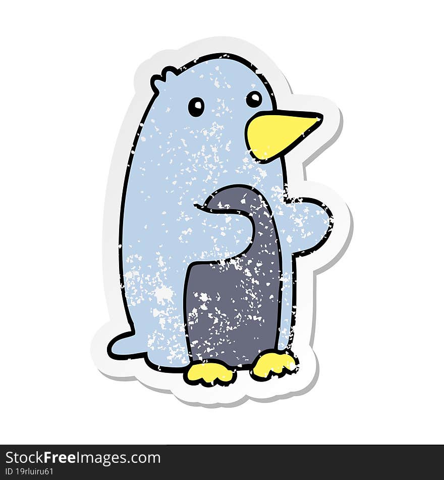 distressed sticker of a cartoon penguin